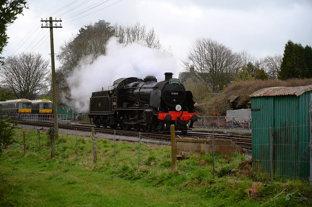 2-6-0 U Class Locomotive No.31806 at Corfe Castle, running around the 10.15 demonstration Freight service, from Swanage, ready for the return journey. 26 03 2023