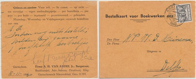 Bestelkaart voor boekwerken - Firma A.H. van Andel Jz. Burgstraat 18-11-1940