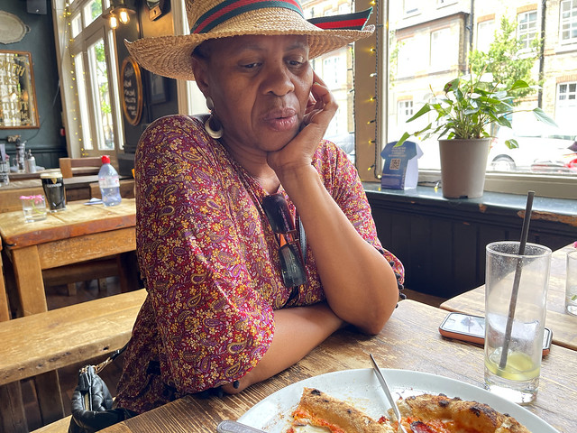 IMG_6130 Ditshupo aka Dee Beautiful Nurse from Botswana Out on the Town at The George and Vulture English Pub Corner of Pitfield Street and Haberdasher Street Shoreditch London. Gourmet Sourdough Pepperoni Pizza.