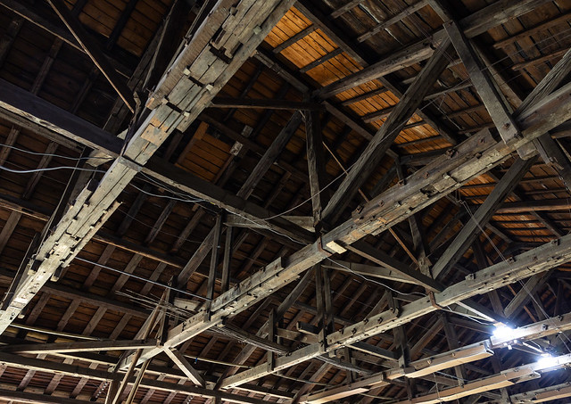 Kouraku Kiln barn wood ceiling with wooden beams, Kyushu region, Arita, Japan
