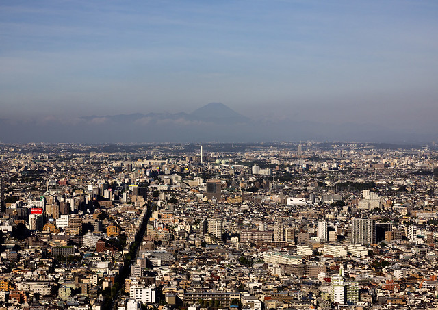 Aerial view of the city and mount Fuji, Kanto region, Tokyo, Japan