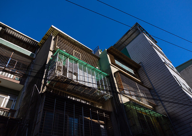 Buildings with fences protections on the windows, New Taipei, Tamsui, Taiwan