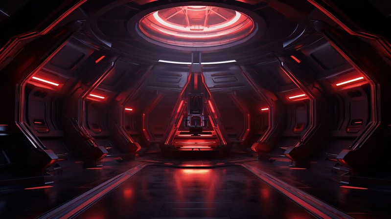 A background of the hall of a sci fi space ship alien style with a screen in a side, the back is in darkness, the side are in low lights with red and black tones