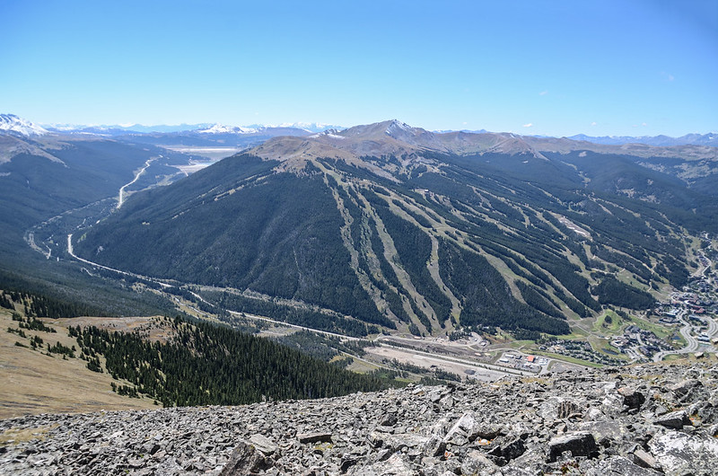 Looking down at Copper Mountain ski resort from Peak 5's false summit