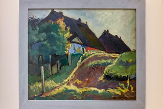 Dora Koch-Stetter, Fischerhäuser hinter den Dünnen, 1933, Öl auf Malpappe