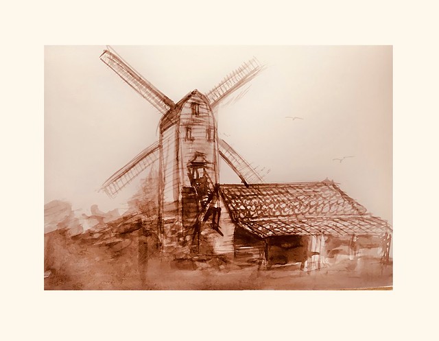 Brush sketch in diluted brown ink “Old Windmill.” By jmsw on 300 gsm smooth surface card.