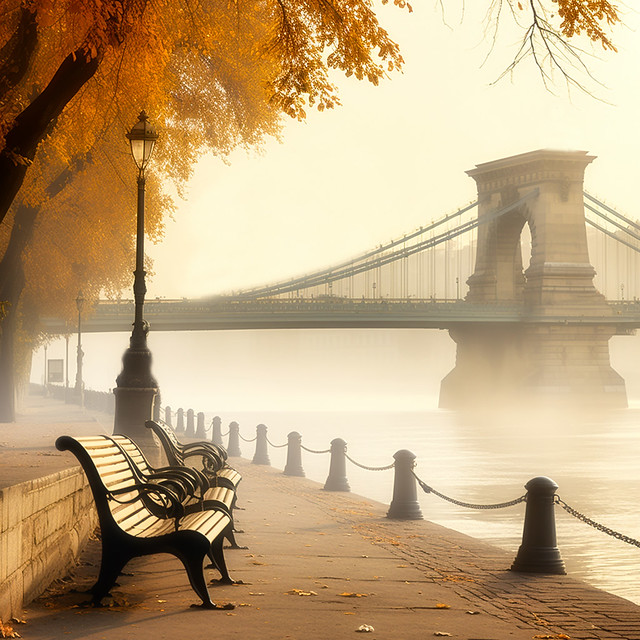 Chain Bridge in Autumn Fog, Budapest, Hungary
