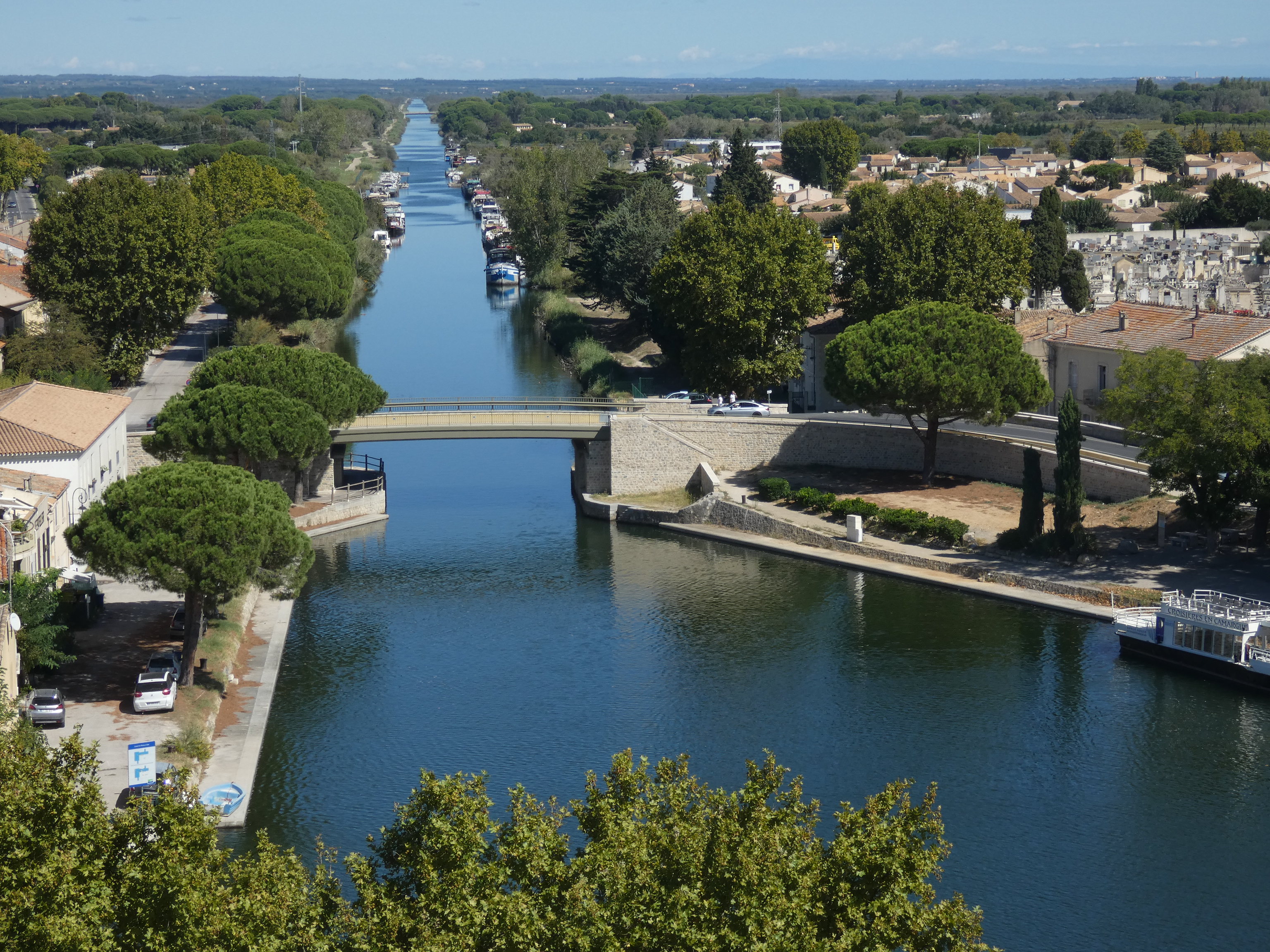 View along the Canal du Rhône à Sète from the Tour de Constance, Aigues-Mortes, Gard, France, 19 September 2023