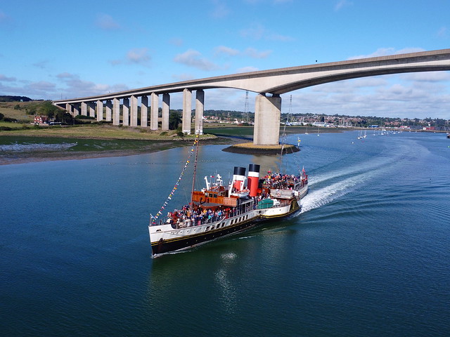 Paddle Steamer Waverley making her way down the River Orwell, having just left Ipswich, for her journey up the Thames. 23 09 2023