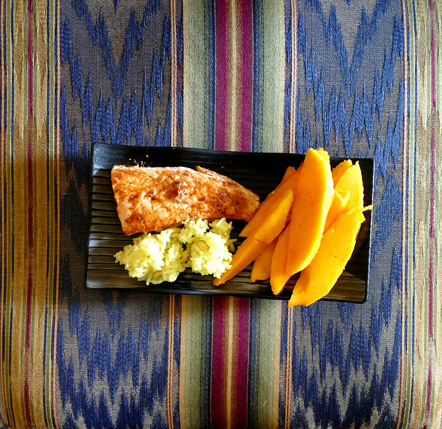 dinner / food; mango, tumeric rice, and red curry salmon