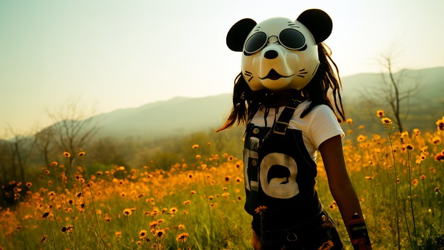 A girl with a panda mask is standing on a hill
