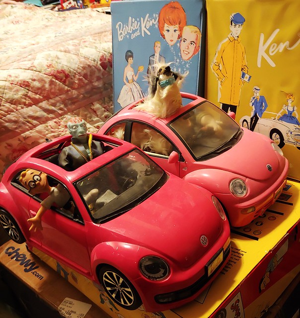 Barbie Volkswagen Beetles by Mattel Toys, with Barbie Afghan Hound and Dr. Evil with Sherman Peabody in the passenger seat