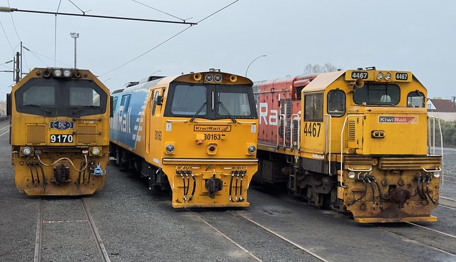 Kiwi Rail DL 9170, EF 30163, DC 4467, Te Rapa yard, Hamilton, New Zealand Railway