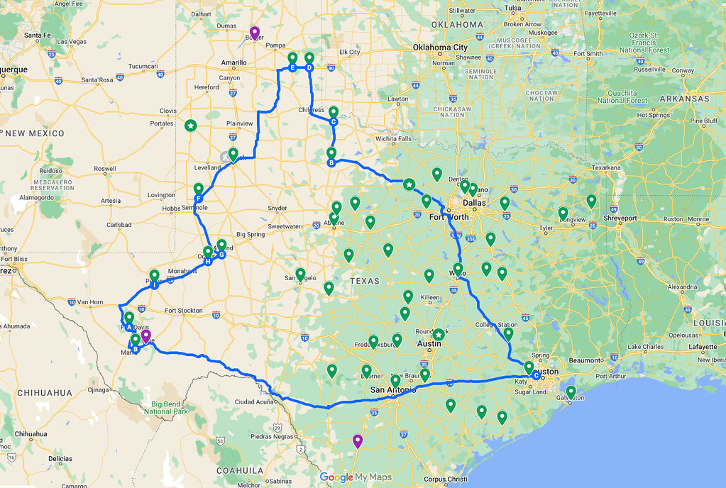 20230924 Houston Shamrock Marfa Houston itinerary map