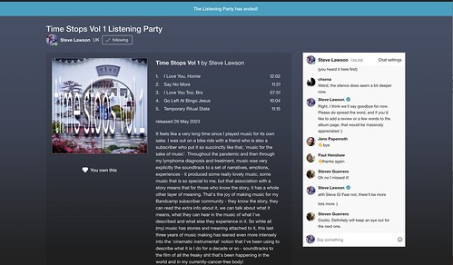 A screenshot of the Bandcamp listening party for Steve Lawson's album Time Stops, with the album artwork, sleevenotes and the chatroom discussion about the album.