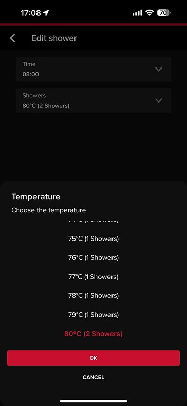 Ariston Net iOS App - Scheduling - Setting Showers In Schedule