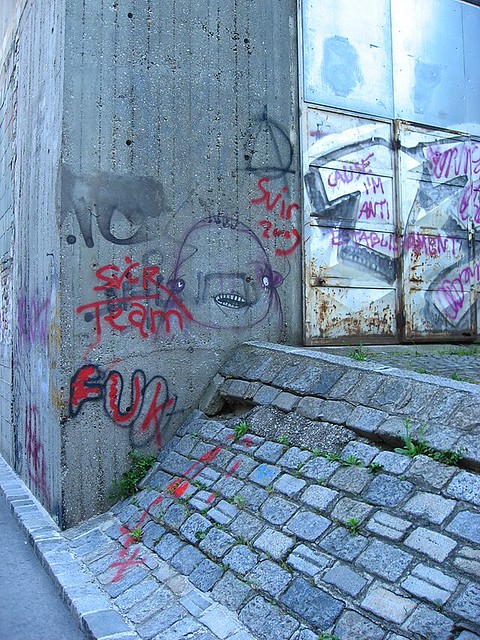 a graffitied corner of my local Vienna base of the flak-tower at the Landstrasse district  where our friends kept their car (urban concrete Vienna city )