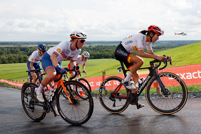 Becky Storrie and Alice Barnes (Great Britain) and Sandra Alonso (Spain) during women's road race at the UEC Road European Championships (Image credit: Getty Images)