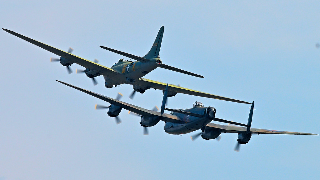 Boeing B-17G Flying Fortress Sally B G-BEDF USAF as 44-85784 & Lancaster Bomber BBMF PA474 City of Lincoln 460 Squadron
