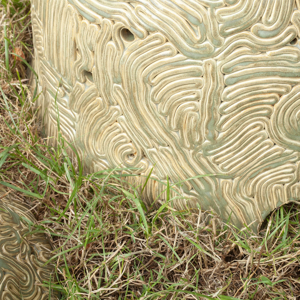 The Layered Woodlouse Mounds, Stoneware with glaze, 2023, Amy Haigh. (Public outdoor wildlife habitat sculpture.)