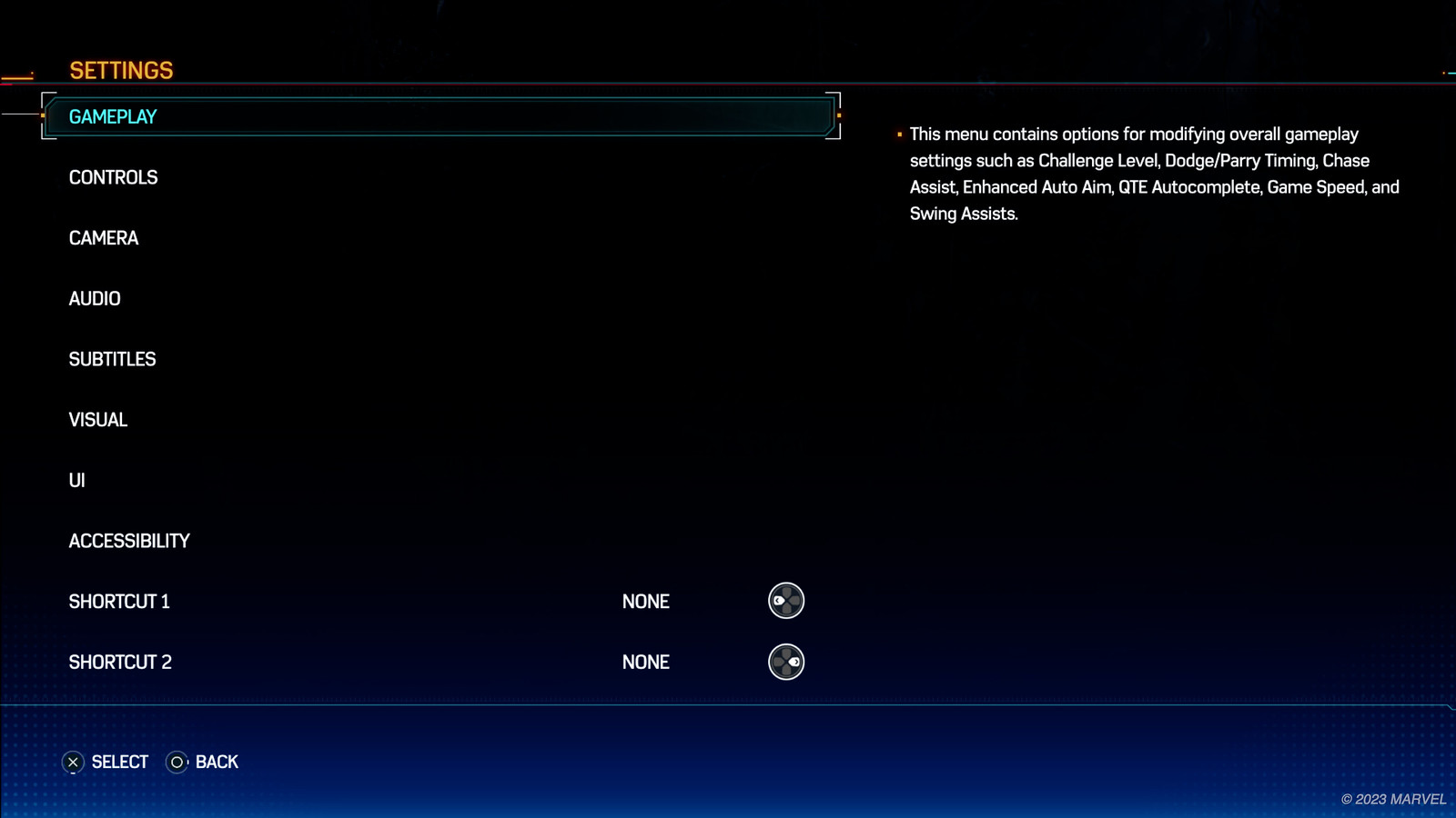 Settings menu showing the main categories of Gameplay, Controls, Camera, Audio, Subtitles, Visual, UI, and Accessibility along with Shortcut 1 and Shortcut 2.