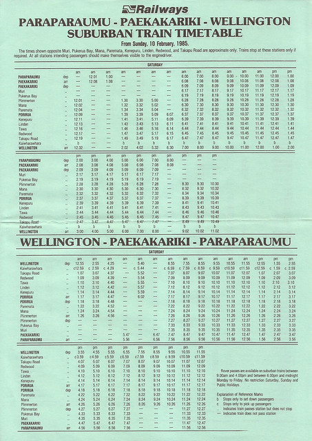 New Zealand Railways Paraparaumu Line timetable - February 10, 1985