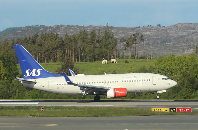 SAS Scandinavian Airlines LN-TUM Boeing 737-705 flight SK251 arrival at Bergen BGO Norway from Oslo OSL Norway