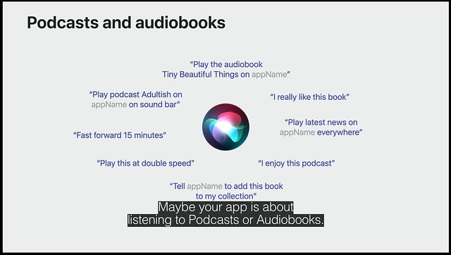 [Slide: Podcasts and audiobooks.  Many sample Siri phrases listed on the slide, including Play the audiobook Tiny Beautiful Things on appName.  Caption text reads: Maybe your app is about listening to Podcasts or Audiobooks.]