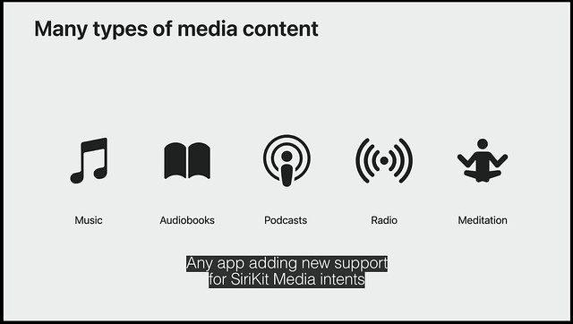 [Slide: Many types of media content, listing Music, Audiobooks, Podcasts, Radio and Meditation.  Caption text reads: Any app adding new support for SiriKit Media Intents...]