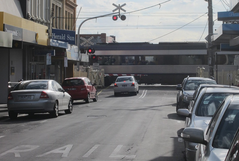 V/Line VLocity train passing through Yarraville, 2013
