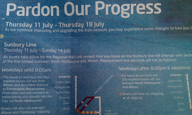 Notice of Sunbury line works, with replacement buses and trains provided via Flemington Racecourse, 2013