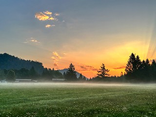 Misty sunrise near Kiefersfelden in Bavaria, Germany