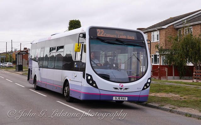 Recently transferred from First Solent to First Essex (Basildon), Wright StreetLite 63370, SL16 RAX, still with Solent fleetnames