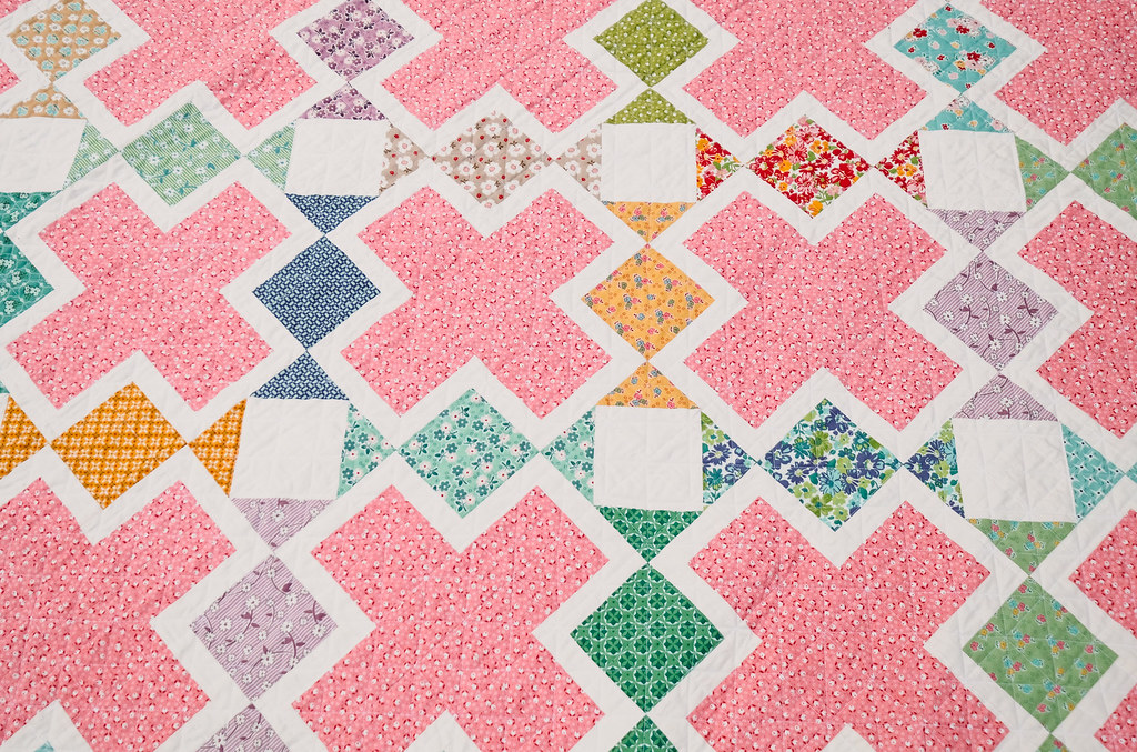 The Tabitha Quilt Pattern in Bee Vintage by Lori Holt for Riley Blake Fabrics. A fun, vintage quilt that is layer cake, fat quarter, or fat eighth friendly.