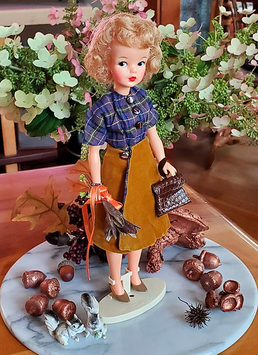 Tammy, dressed for Fall.  She's wearing an outfit made by the mother of a friend who gifted me her childhood dolls.  the skirt is reversable.  Her shoes are from Lisa Littlechap.