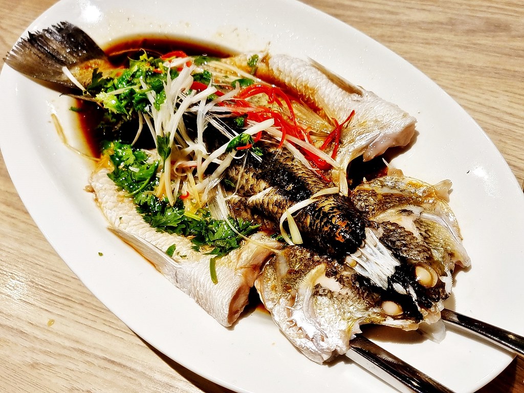 Steamed Whole Sea Bass Fish Hong Kong Style In Soy Sauce