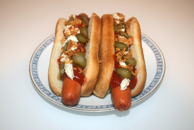 Homemade Hot Dog - Side view / Hausgemachtes Hot Dog - Seitenansicht