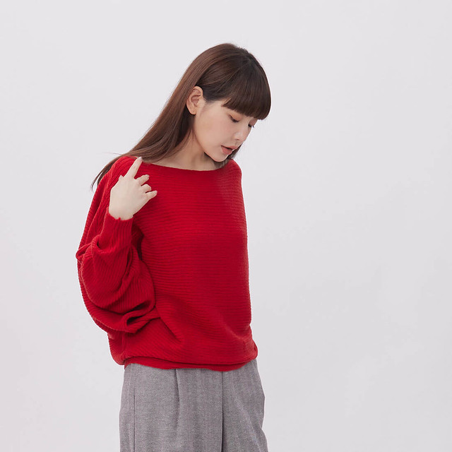 聚酯纖維 女毛衣/針織衫 紅色 - Bambi飛鼠寬袖一字領橫紋針織衫