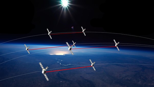 An artist's impression of a network of satellites orbiting above the Earth's surface