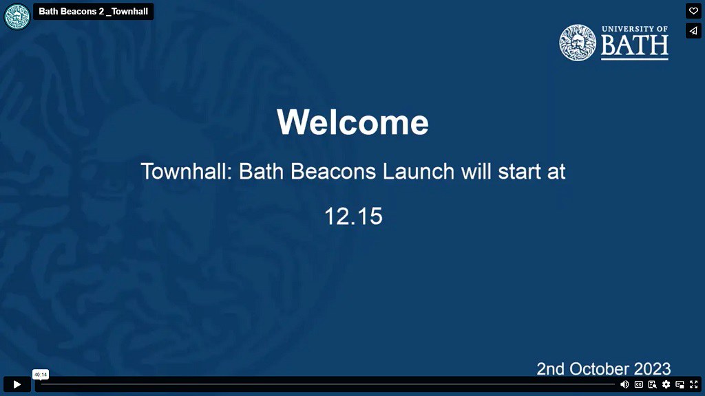 A screenshot of the welcome slide for the Bath Beacons Town Hall event 
