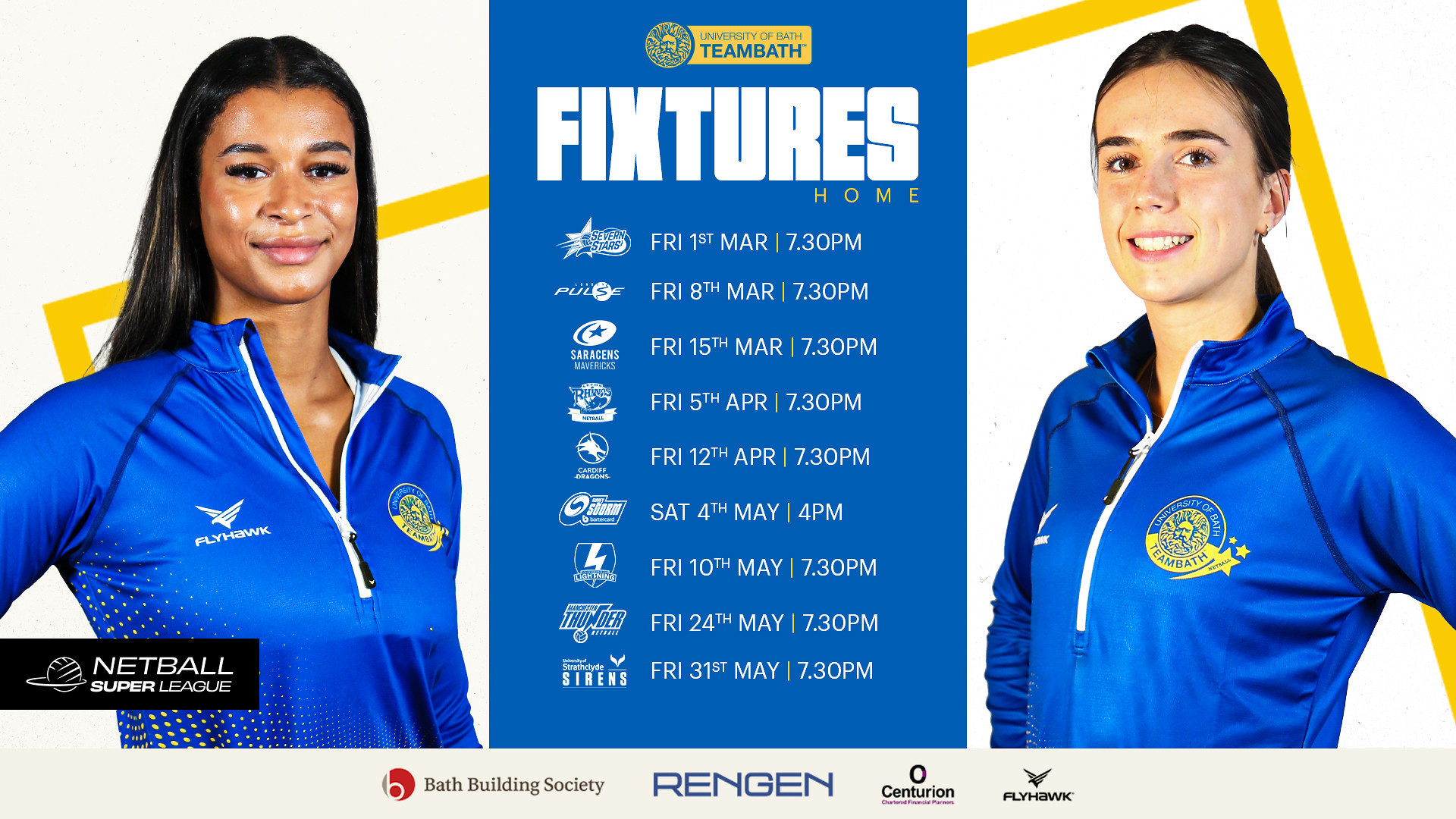 A graphic showing Team Bath Netball's nine home fixtures for the 2024 Super League season