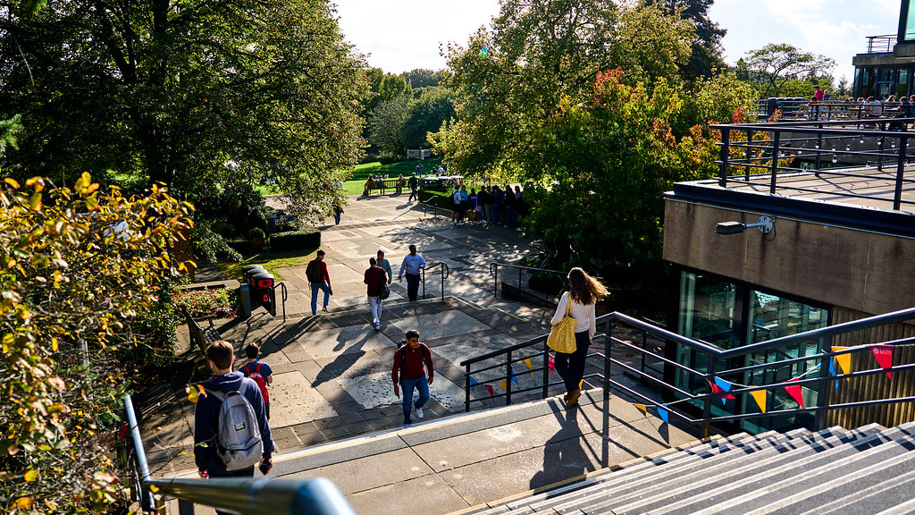 Students on campus in autumn.