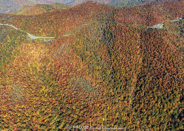 Cradle of Forest Overlook and Pink Beds Overlook on the Blue Ridge Parkway with Autumn Colors in Western North Carolina Aerial View