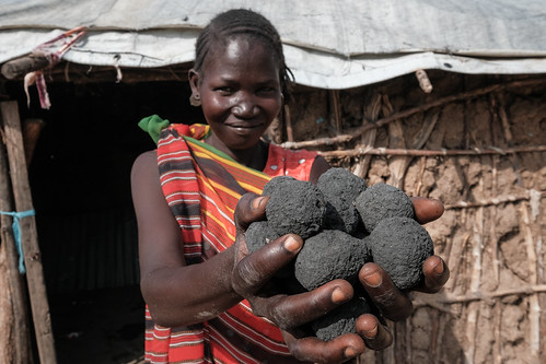 Rhino Camp Refugee Settlement landscape, Uganda by CIFOR-ICRAF, Woman with energy saving briquettes in Rhino refugee settlement, Arua District - Uganda.

<a href="h
