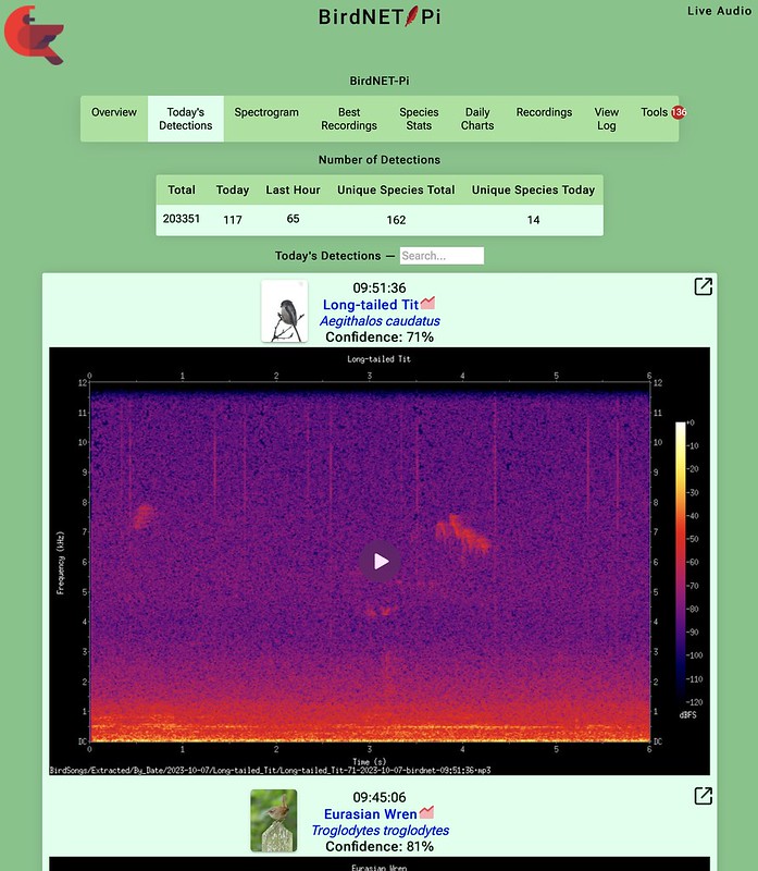 Birdnet-Pi detections from today and all time plus spectrogram of last call