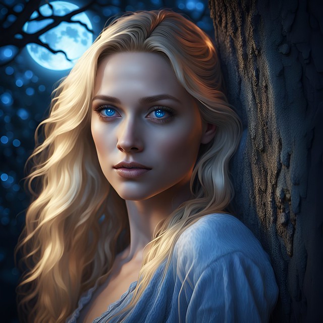 Portrait d'une jeune femme blonde éclairée au clair de lune  - Portrait of a young blonde woman lit by moonlight