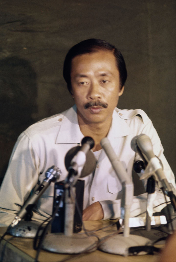 Former South Vietnamese Vice President Nguyen Cao Ky holds a press conference in a Guam refugee camp, 05 May, 1975