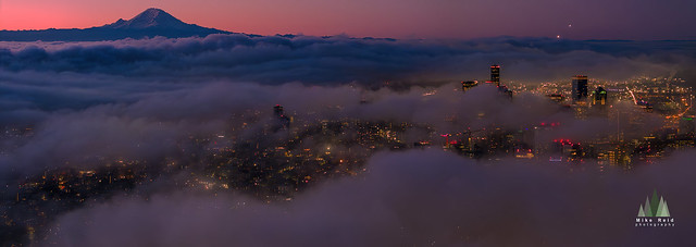 Night Seattle and Rainier in the Fog