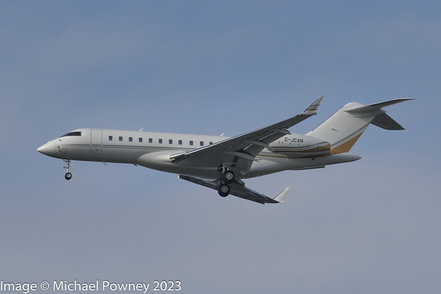 G-JCAN - 2023 build Bombardier Global Express 6500, on approach to Runway 23R at Manchester