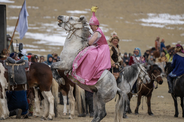 Woman riding bucking horse at Ulgii Golden Eagle Festival, Mongolia